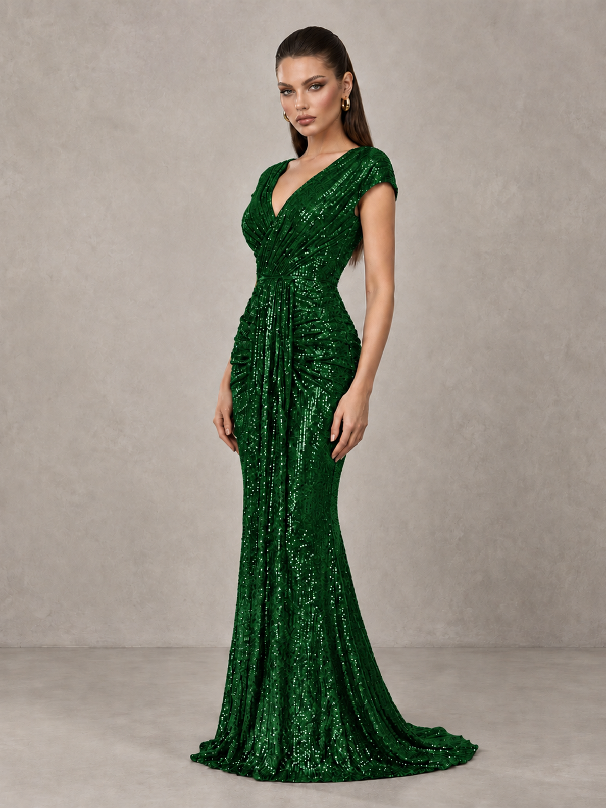 BOLODOO Emerald Green Glitter V-Neck Cap Sleeve Ruched Mermaid Evening Gown - Emerald Green - Emerald Green_4