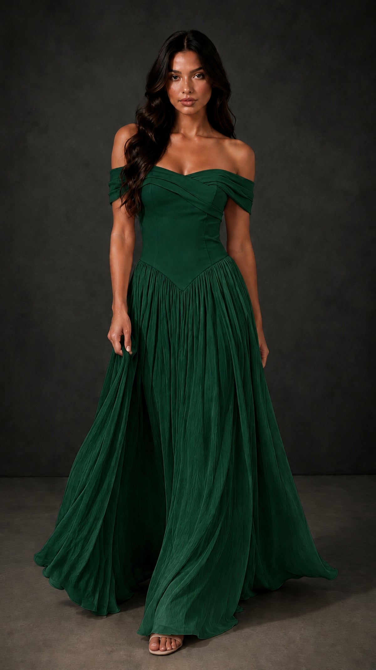 BOLODOO Emerald Green Off-Shoulder Sweetheart Corset Pleated Chiffon Maxi Dress - Emerald Green