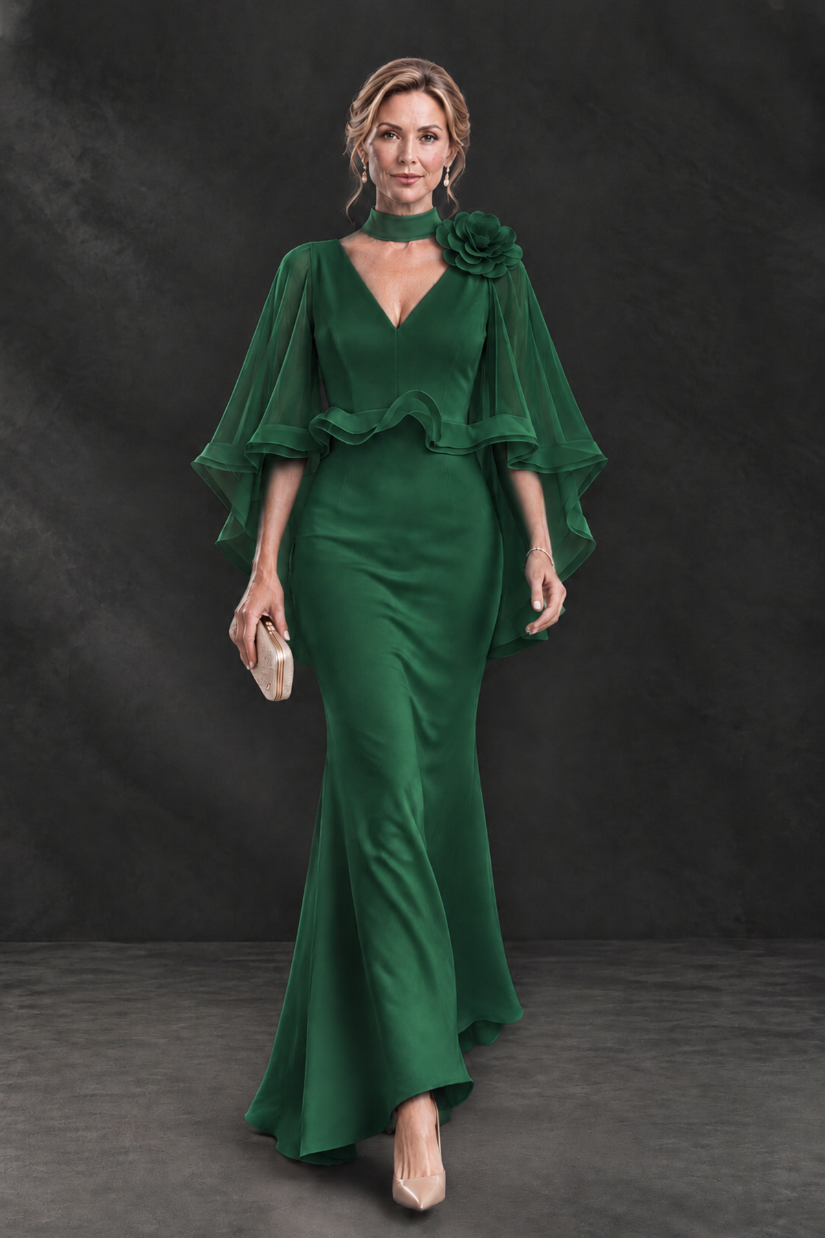 BOLODOO Emerald Green Floral Cape Sleeve Mother of the Bride Dress - Emerald Green - Emerald_Green_4
