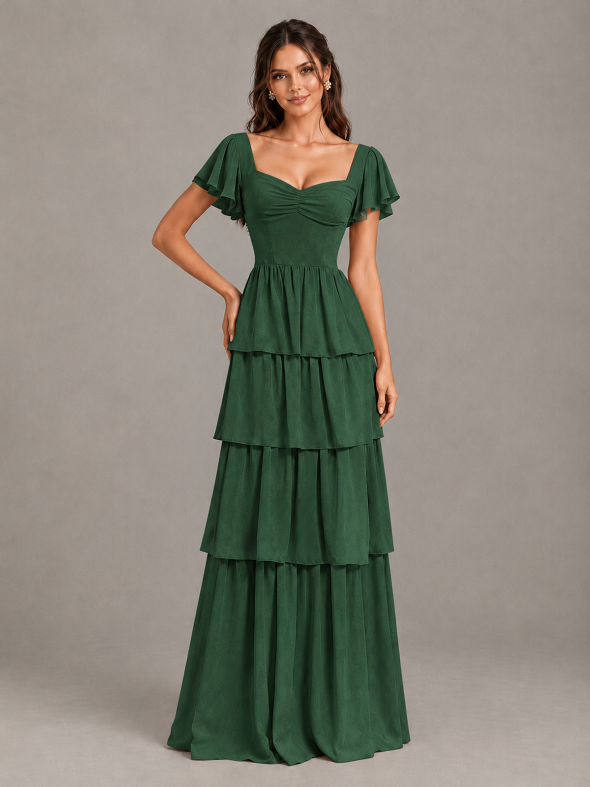 BOLODOO Emerald Green Flutter Sleeve Tiered Maxi Bridesmaid Dress - Emerald Green - Emerald Green_4