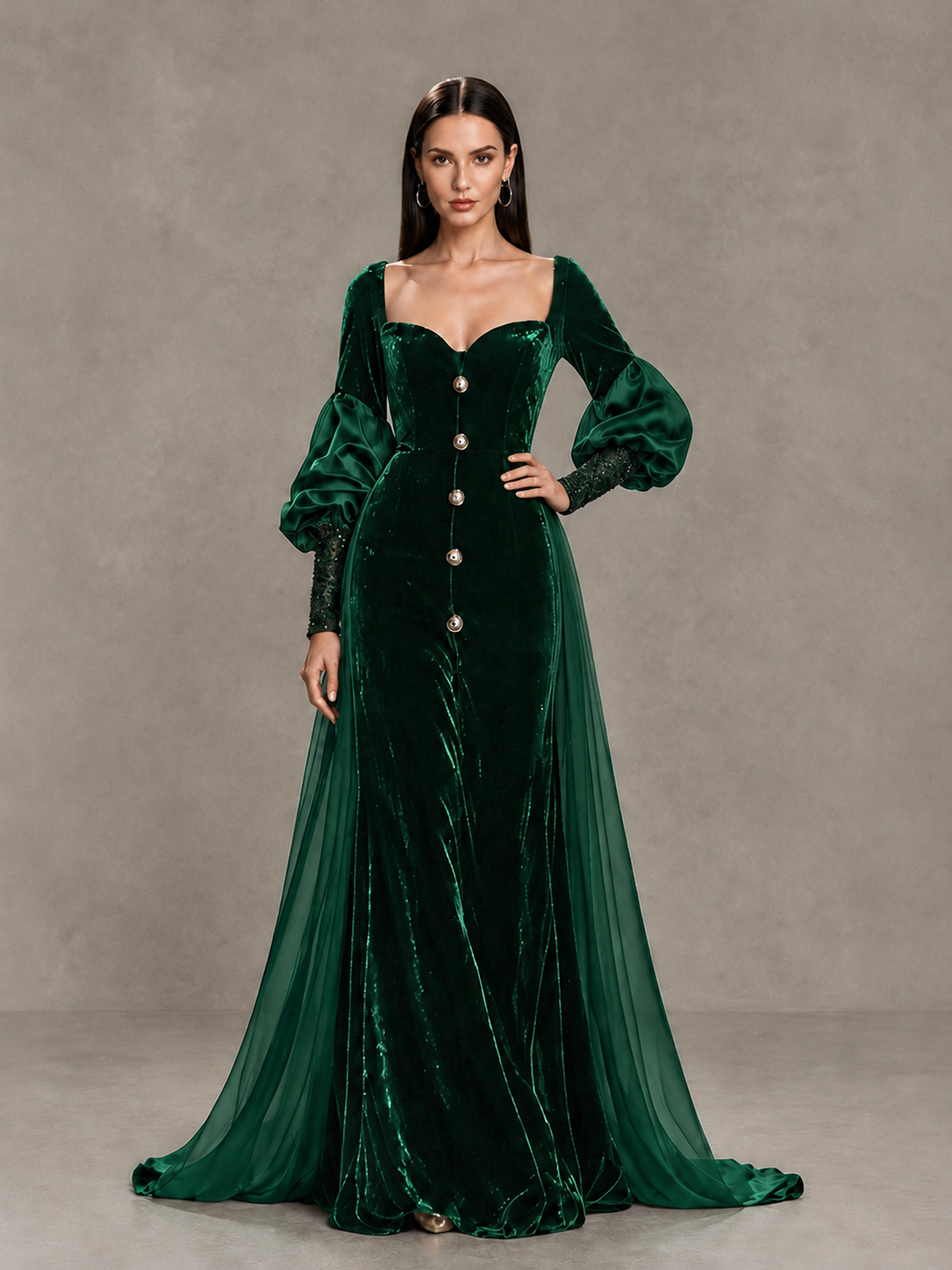 BOLODOO Emerald Green Velvet Long Sleeve Open-Back Evening Gown - Emerald Green - Emerald Green_4