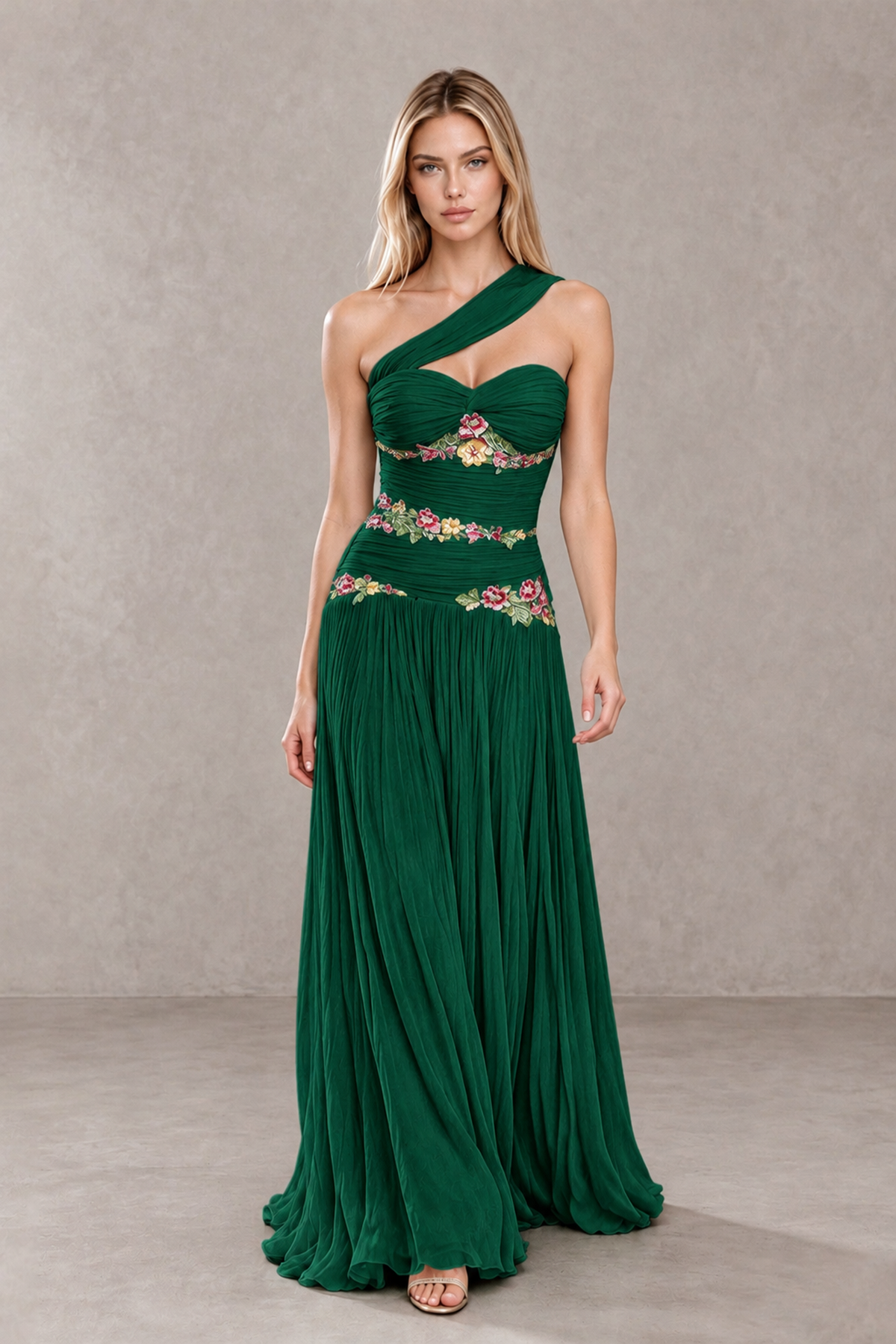 BOLODOO Emerald Green One-Shoulder Floral Applique A-Line Evening Dress - Emerald Green - Emerald Green_4