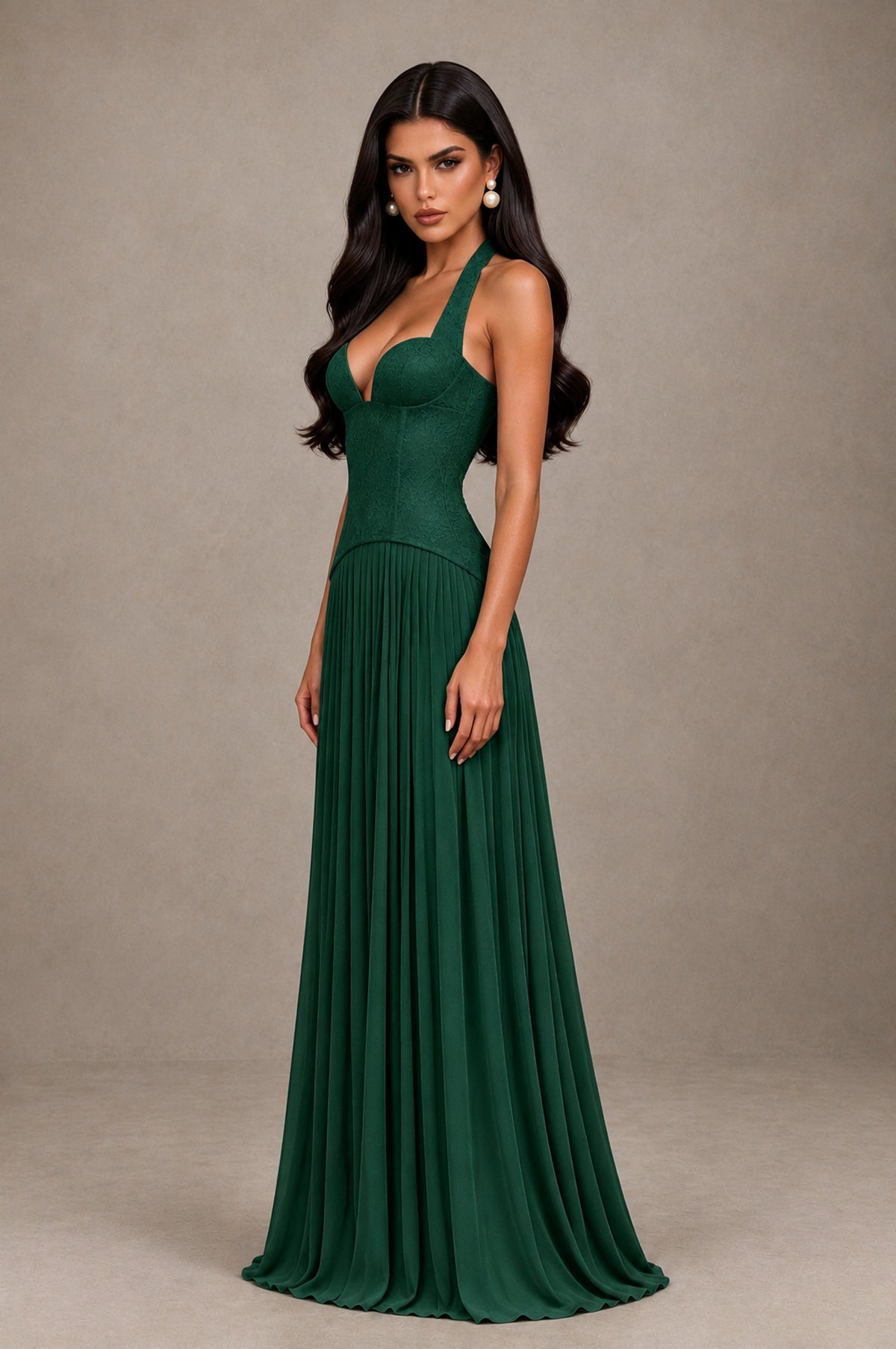 BOLODOO Emerald Green Halter Corset Pleated A-Line Evening Dress - Emerald Green - Emerald Green_4