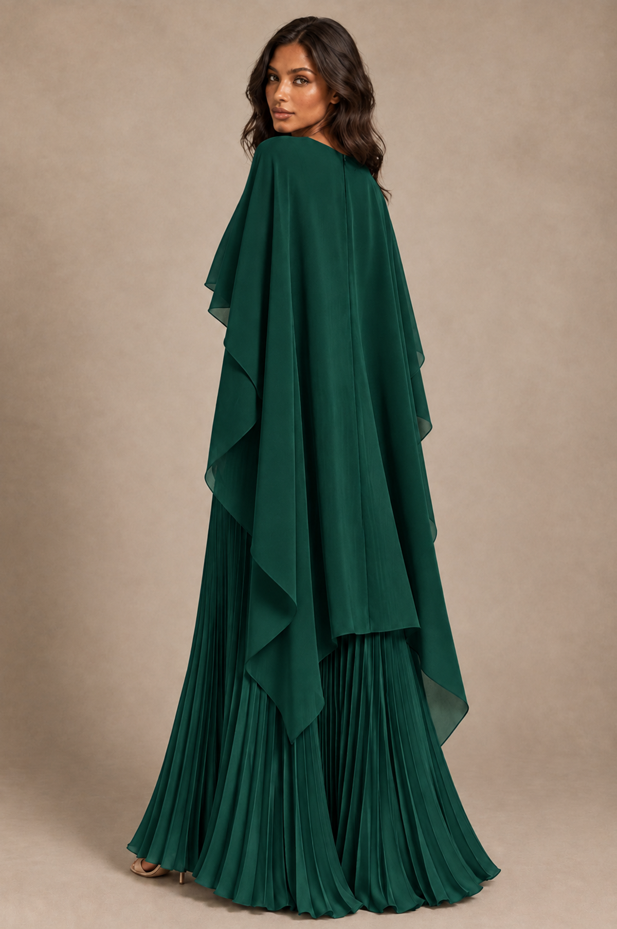 BOLODOO Emerald Green Pleated Cape A-Line Evening Dress - Emerald Green - Emerald_Green_4