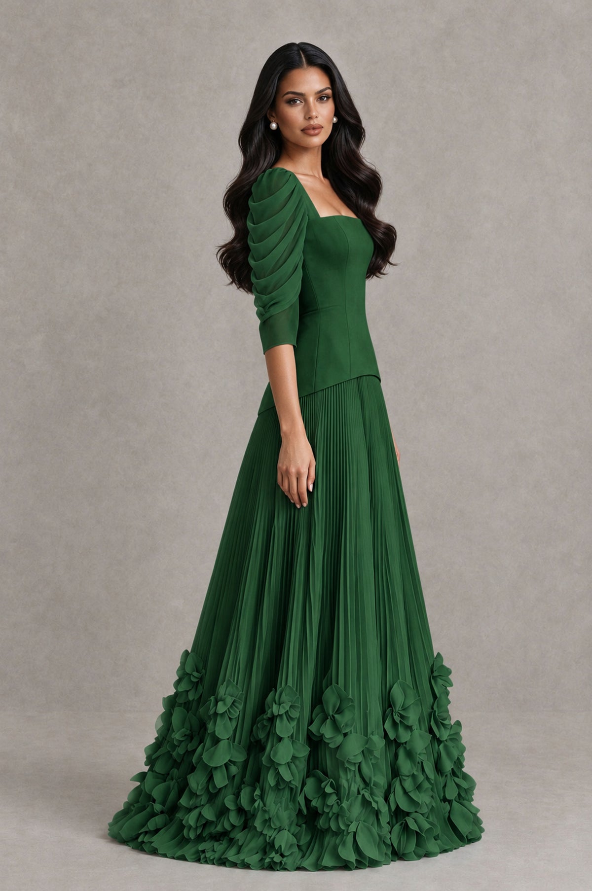 BOLODOO Emerald Green Square Neck Pleated Floral Applique Evening Dress - Emerald Green - Emerald Green_4