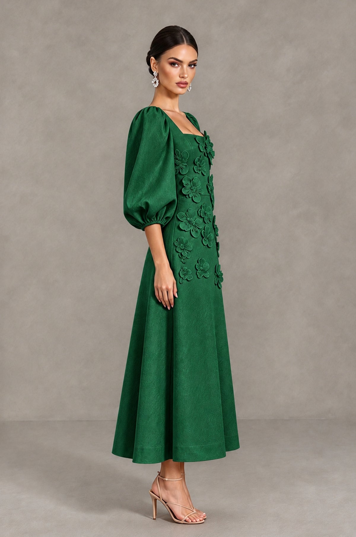 BOLODOO Emerald Green 3D Floral Puff Sleeve Midi Cocktail Dress - Emerald Green - Emerald Green_4