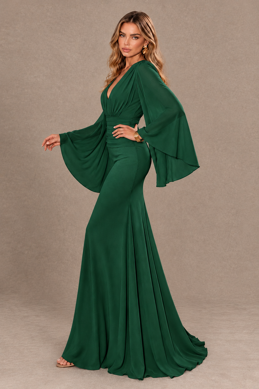 BOLODOO Emerald Green Cape Sleeve V-Neck Ruched Chiffon Evening Dress - Emerald Green - Emerald_Green_4