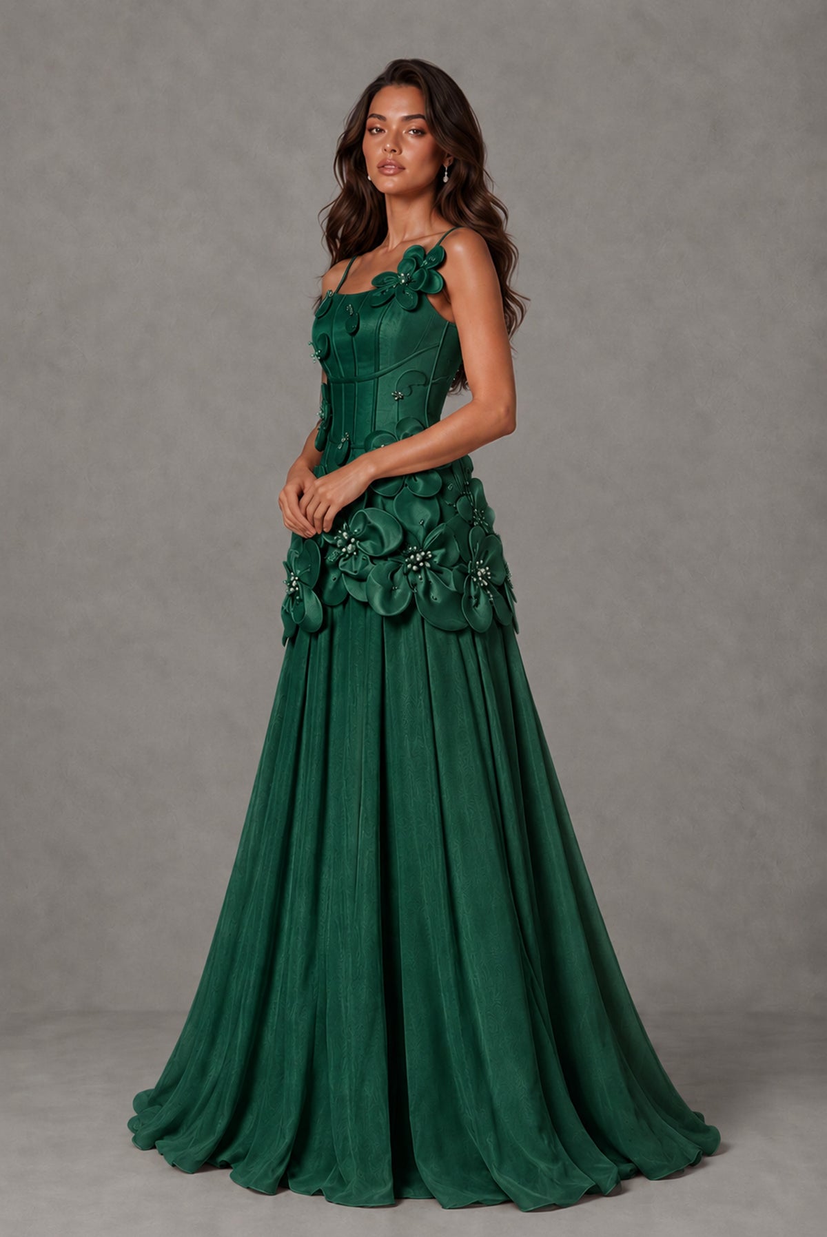 BOLODOO Emerald Green 3D Floral Appliqué Floor-Length A-Line Evening Gown - Emerald Green