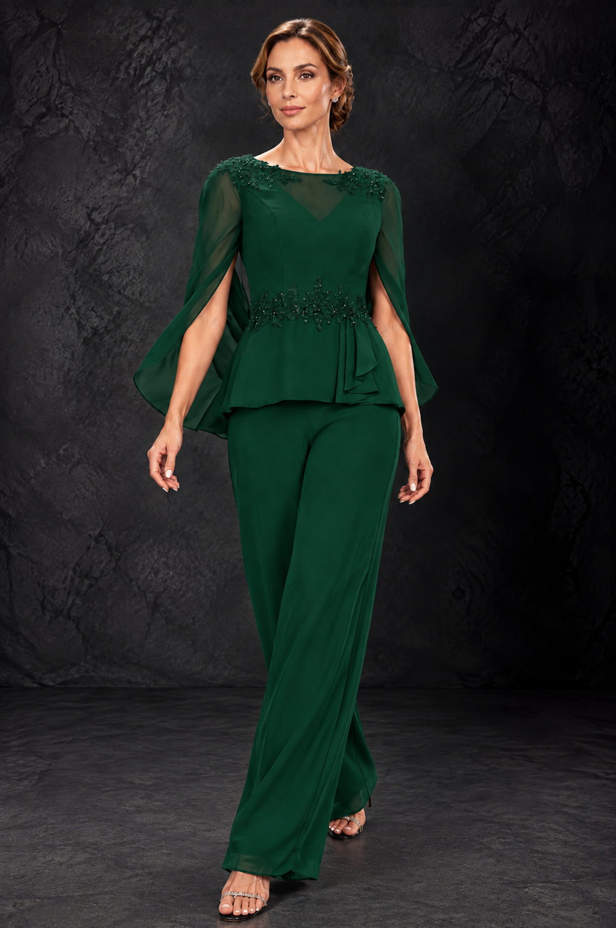 BOLODOO Emerald Green Embellished Cape Sleeve Mother of the Bride Pantsuit - Emerald Green - Emerald_Green_4