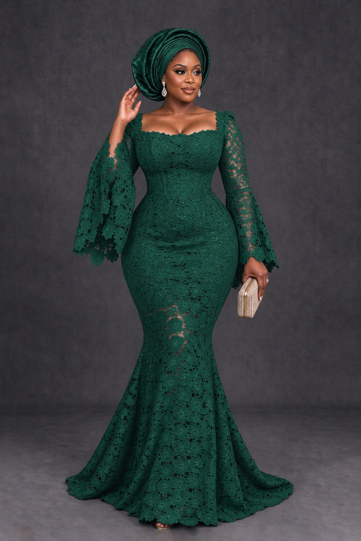 BOLODOO Emerald Green African Lace Mermaid Dress, Plus Size Nigerian Wedding Guest Gown with Bell Sleeves - Emerald Green - Emerald Green_4