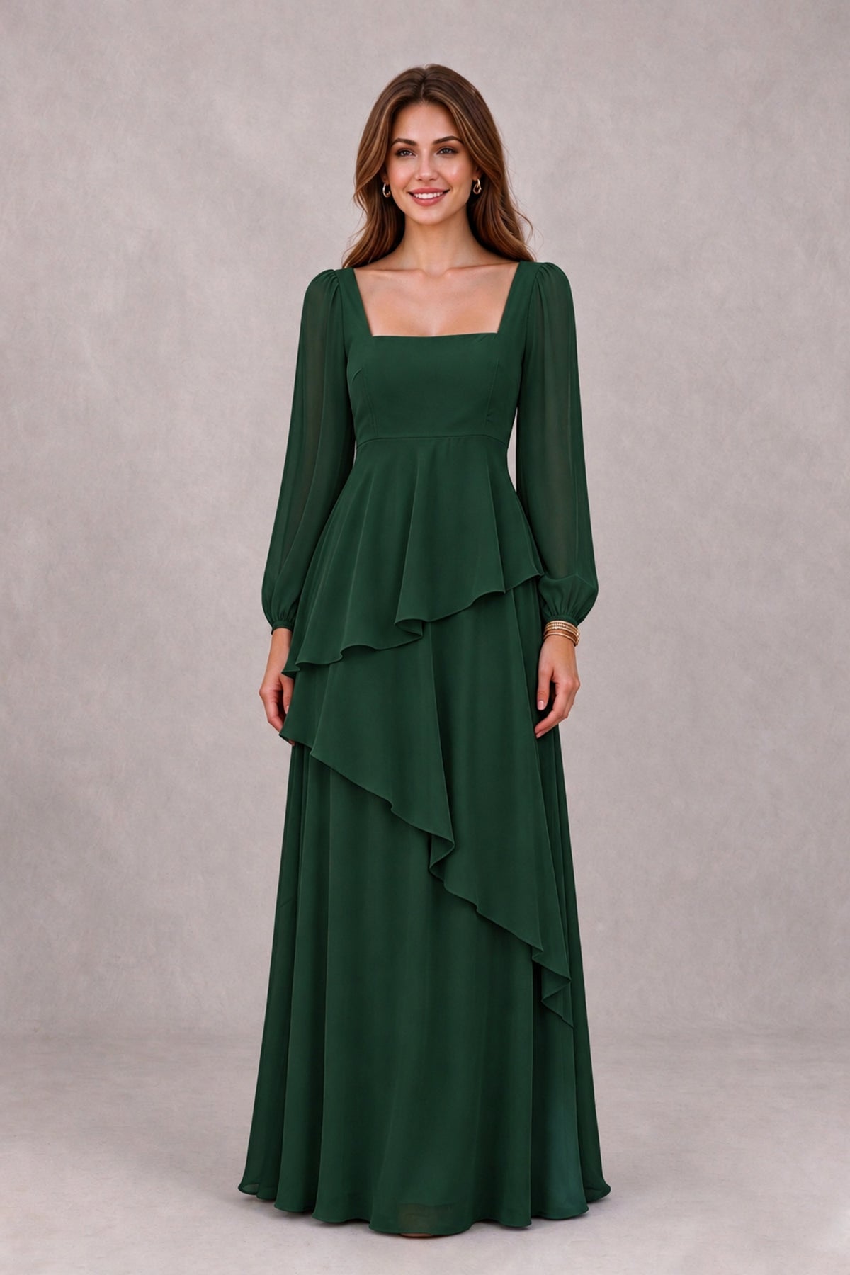 BOLODOO Emerald Green Long Sleeve Ruffle Bridesmaid Dresses - Emerald Green - Emerald Green_4