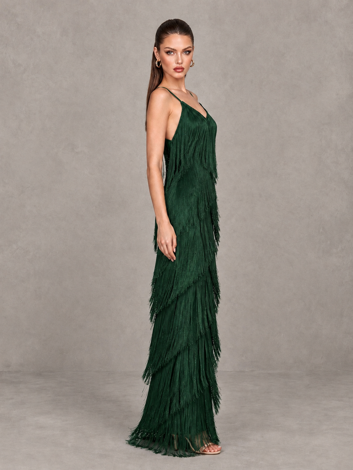 BOLODOO Emerald Green V-Neck Spaghetti Strap Fringe Maxi Evening Dress - Emerald Green - Emerald Green_4