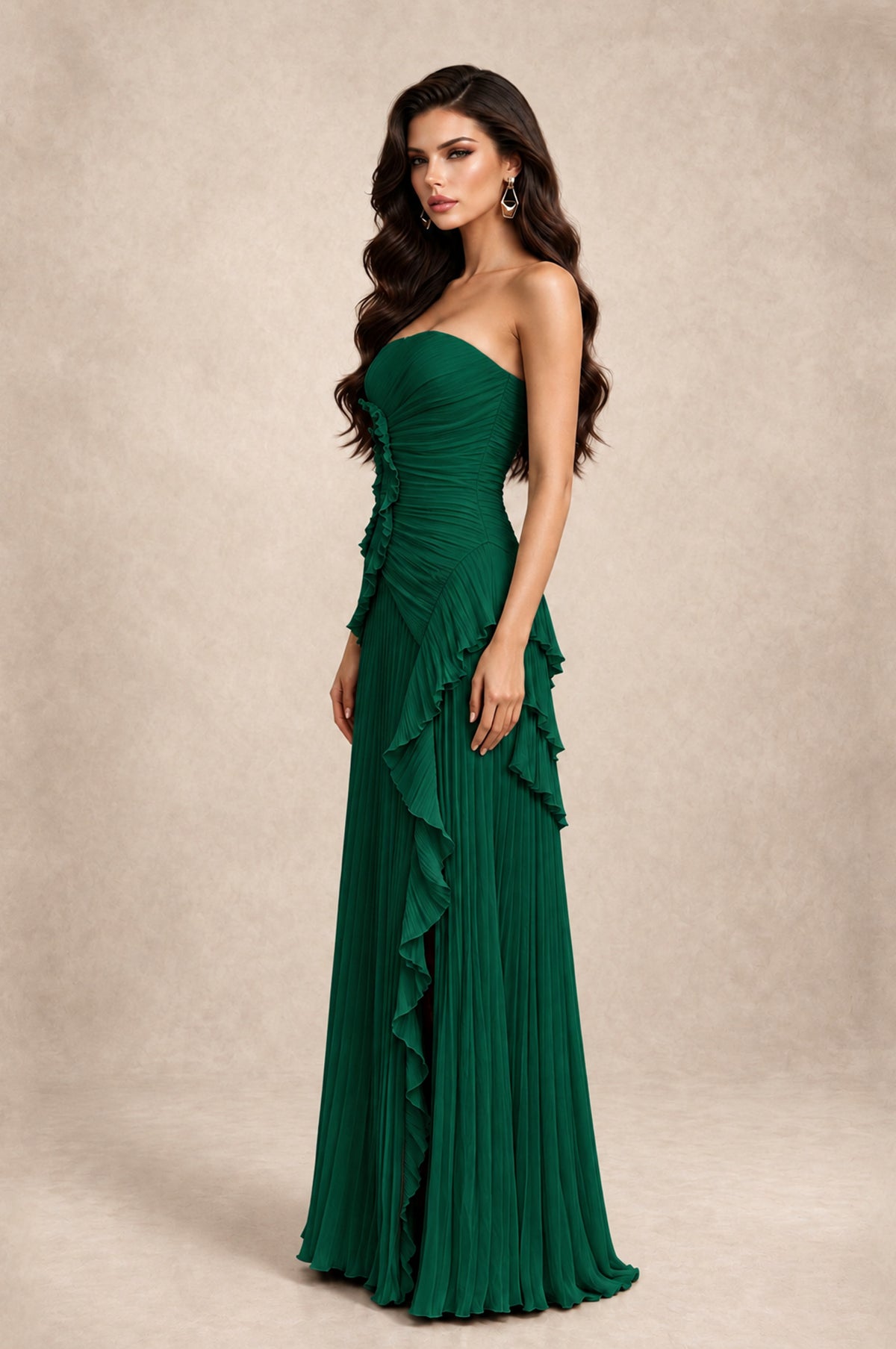 BOLODOO Emerald Green Strapless Ruffle Pleated Slit Evening Gown - Emerald Green - Emerald Green_4
