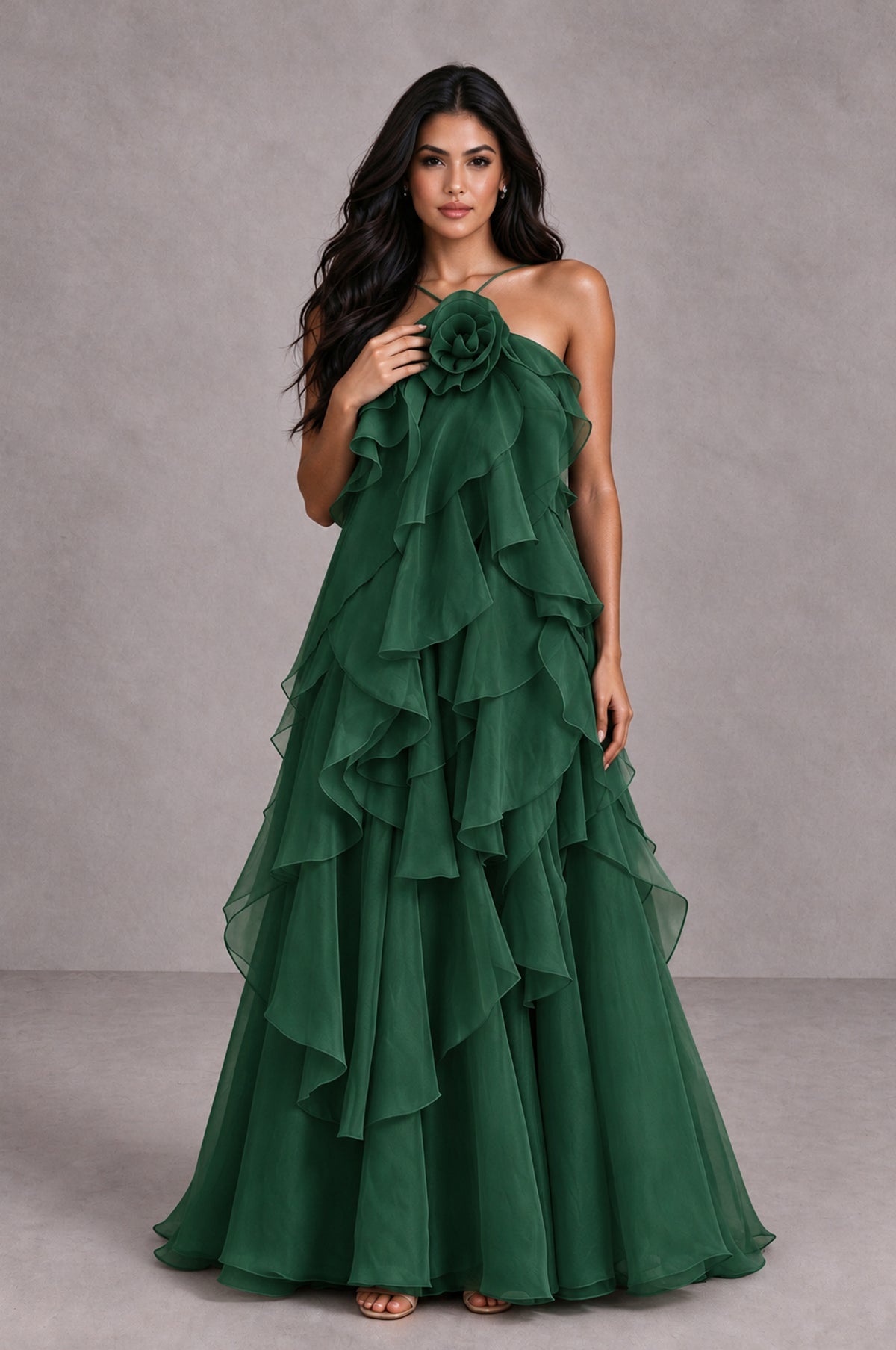 BOLODOO Emerald Green Cascading Ruffle Rosette Open-Back Maxi Dress - Emerald Green - Emerald Green_4