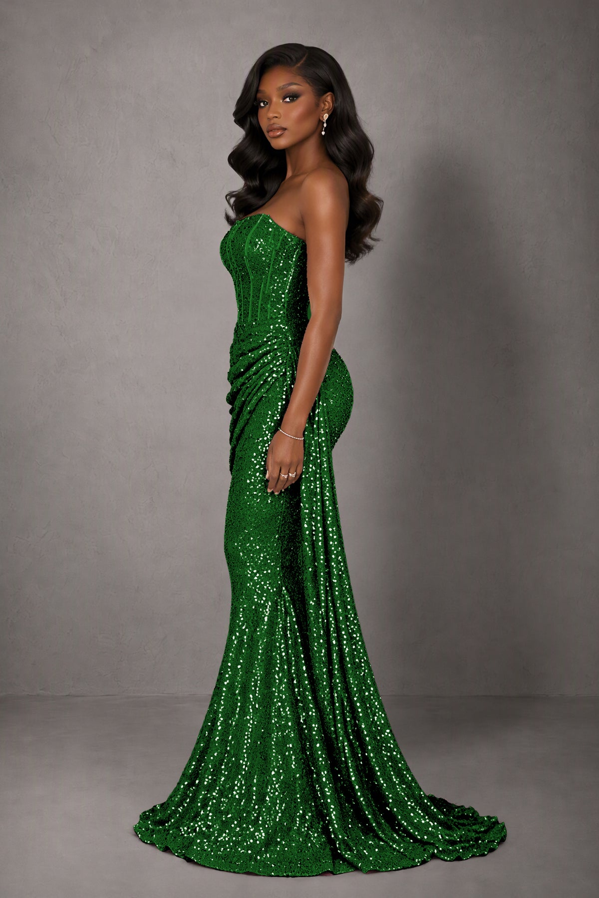 BOLODOO Emerald Green Sequin Strapless Corset Mermaid Evening Gown with Train - Emerald Green