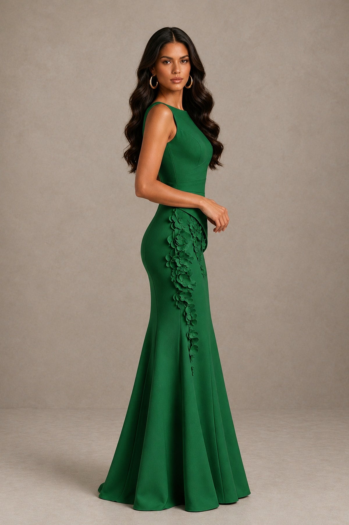 BOLODOO Emerald Green Bateau Neck Sleeveless Asymmetric Peplum 3D Petal Appliqué Mermaid Gown BD0421 - Emerald Green - Emerald Green_4