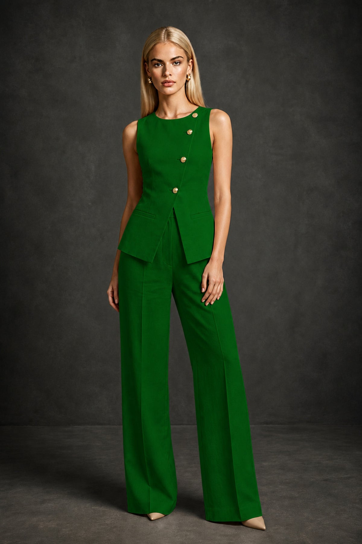 BOLODOO Emerald Green Sleeveless Vest Top & Wide-Leg Trousers Two-Piece Suit Set – Emerald Green Button Asymmetric Formal Set - Emerald Green