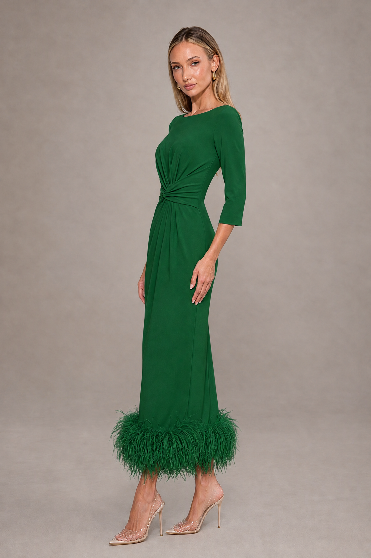 BOLODOO Emerald Green Feather-Trim Twist-Waist Midi Dress - Emerald Green - Emerald_Green_4