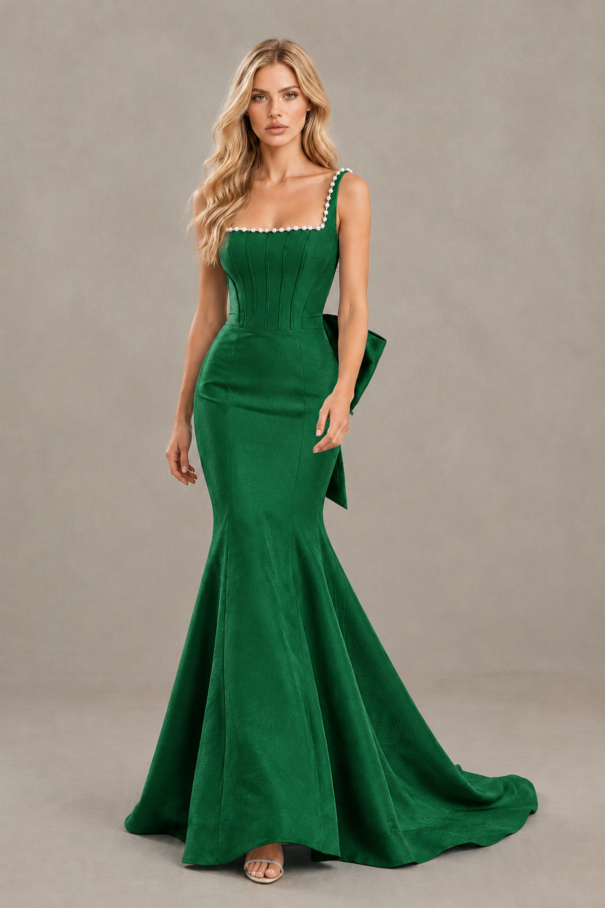 BOLODOO Emerald Green Pearl-Trim Mermaid Prom Dress with Back Bow - Emerald Green - Emerald_Green_4