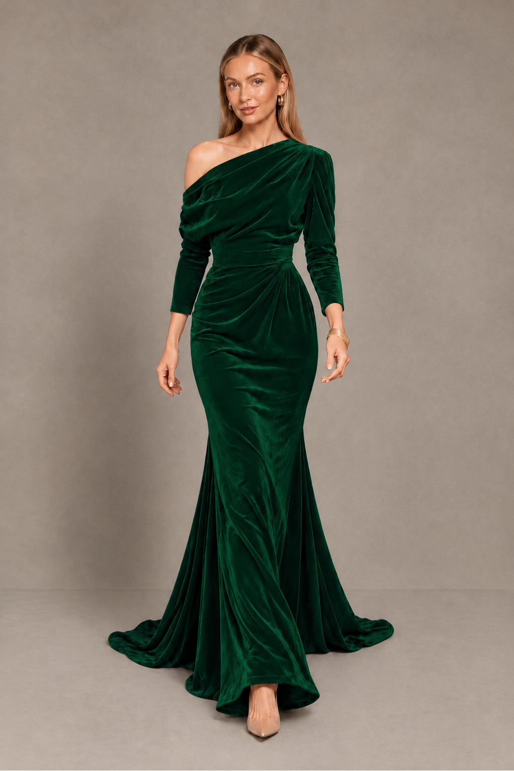 BOLODOO Emerald Green Velvet Asymmetric Neck Mermaid Evening Dress - Emerald Green - Emerald Green_5