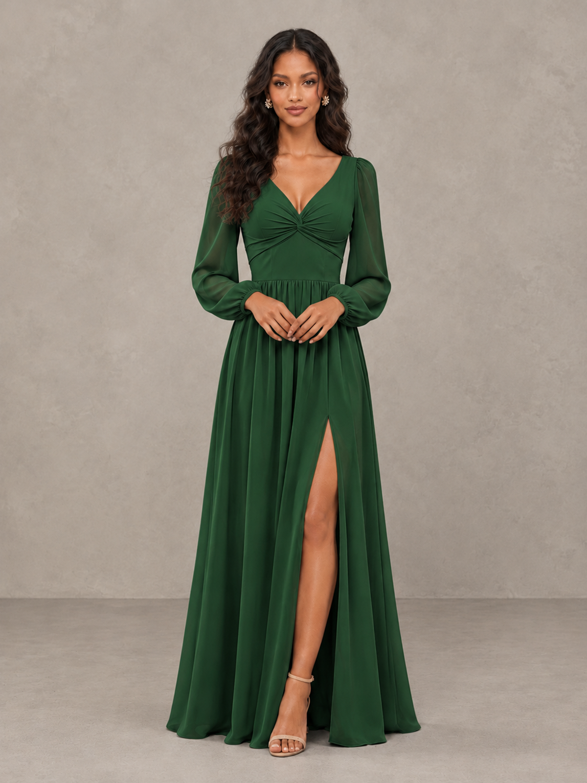 BOLODOO Emerald Green V-Neck Long Sleeve Bridesmaid Dress with Tie Back and Slit - Emerald Green - Emerald Green_5