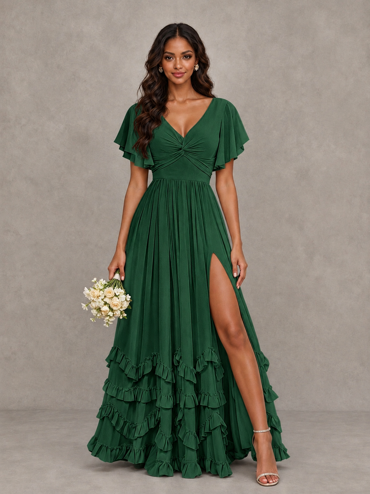 BOLODOO Emerald Green V-Neck Flutter Sleeve Ruffle Bridesmaid Dress with Slit - Emerald Green - Emerald Green (1)