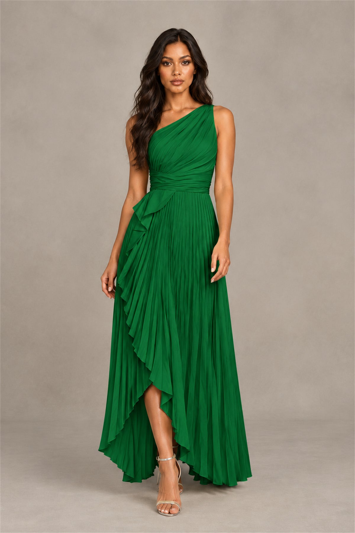 BOLODOO Emerald Green One-Shoulder High-Low Ruffle Maxi Dress - Emerald Green