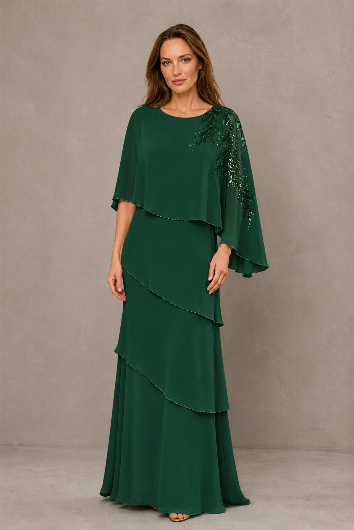 BOLODOO Emerald Green Mocha Asymmetric Cape Sleeve Emerald Green Sequin Embroidered Pearl Trim Tiered Chiffon Gown - Emerald Green