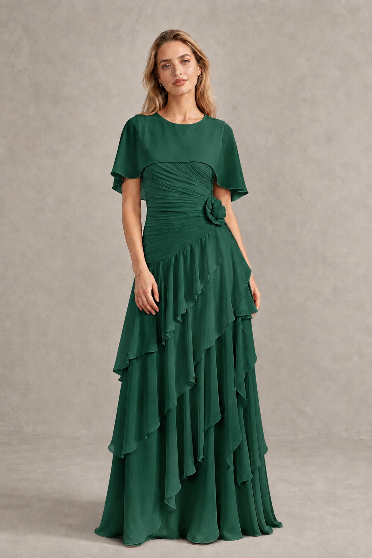 BOLODOO Emerald Green Chiffon Flutter Sleeve Tiered Maxi Dress with 3D Rosette - Emerald Green