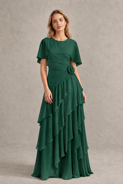BOLODOO Emerald Green Chiffon Flutter Sleeve Tiered Maxi Dress with 3D Rosette - Emerald Green