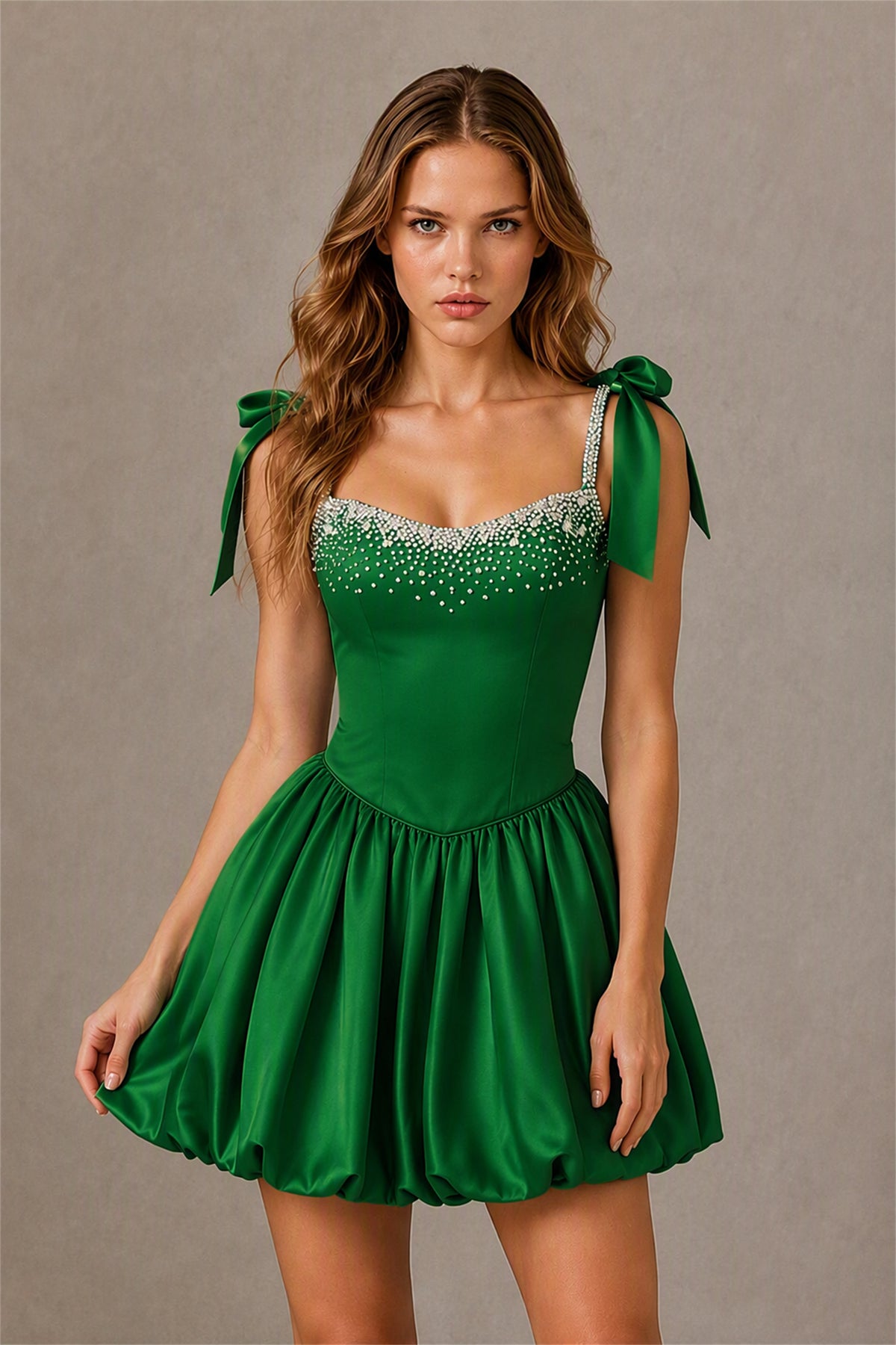 BOLODOO Emerald Green Satin Pearl Embellished Sweetheart Bow Strap Bubble Hem Mini Dress | Cocktail Prom Homecoming Dress - Emerald Green