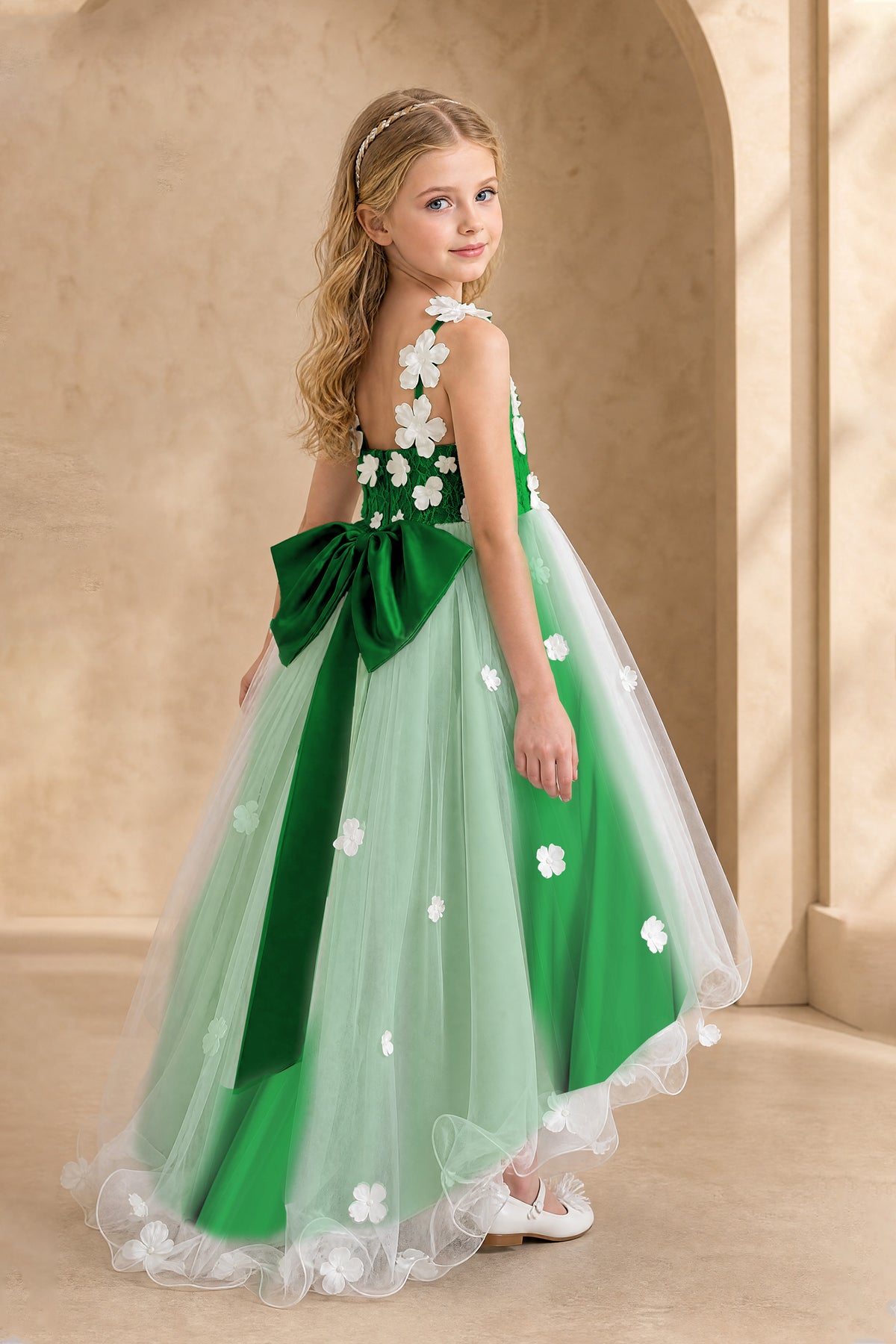 BOLODOO Emerald Green Flower Girl Dress with Floral Appliqué and High-Low Tulle Skirt - Emerald Green
