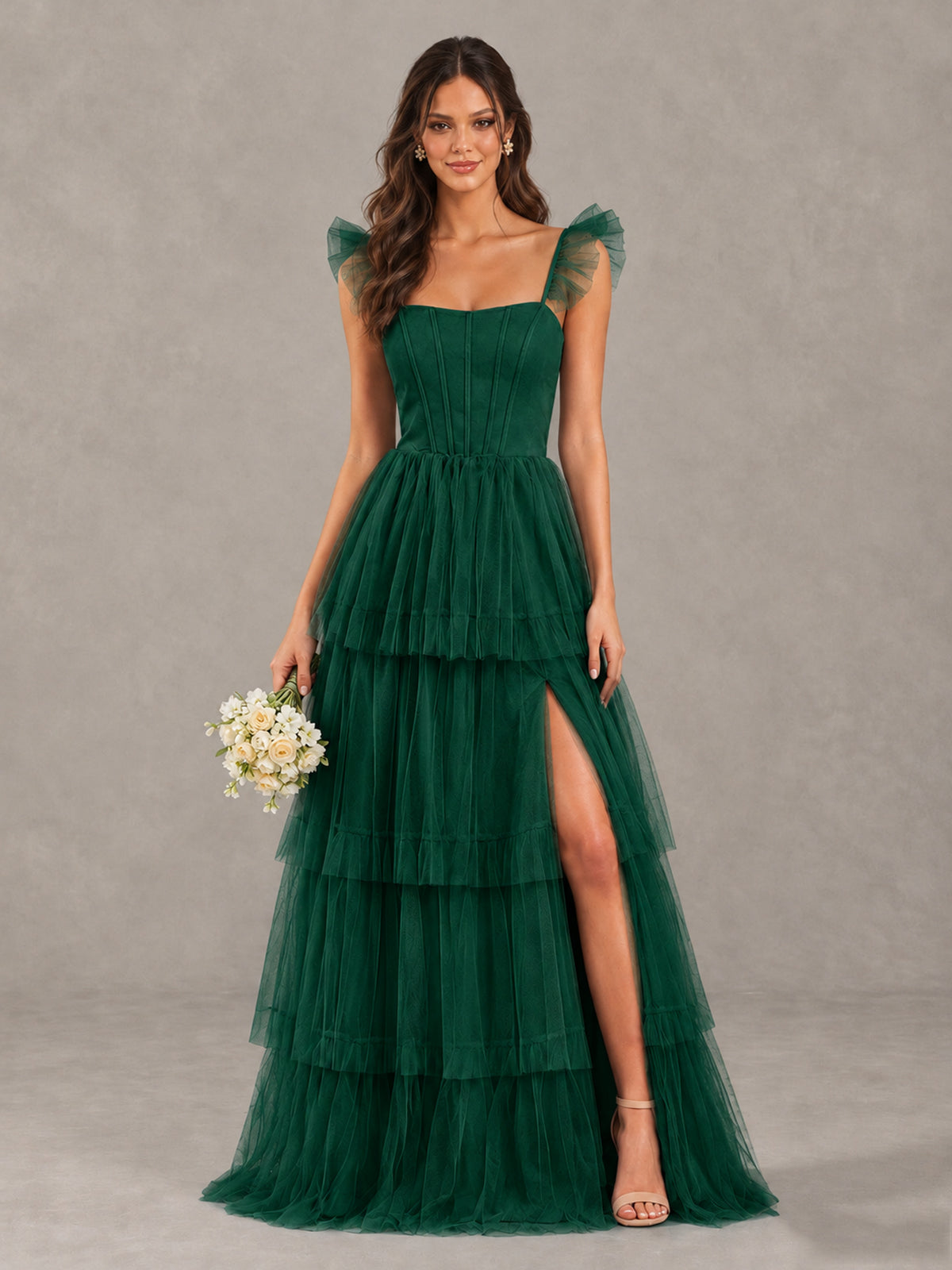 BOLODOO Emerald Green Tiered Tulle Bridesmaid Dress with Slit - Emerald Green - Emerald Green (1)