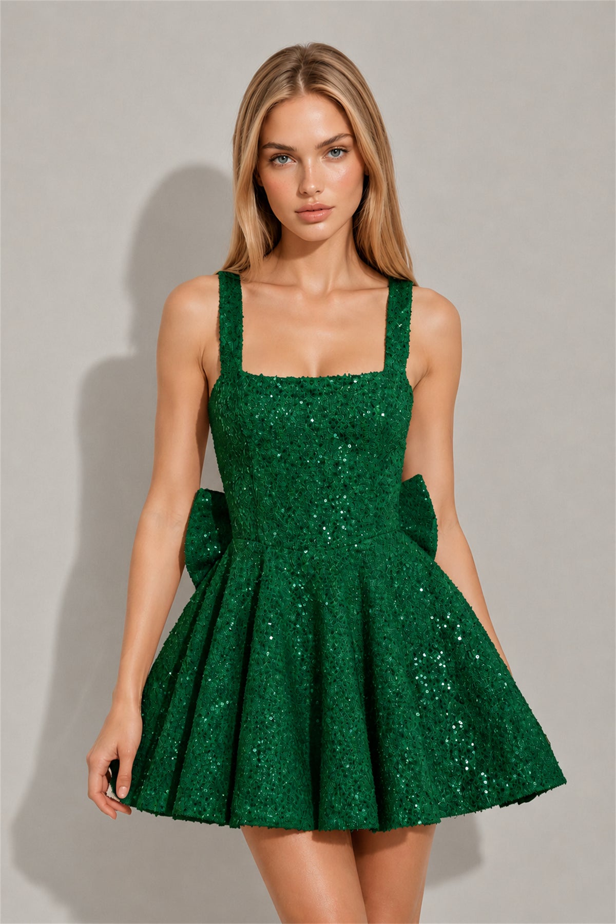 BOLODOO Emerald Green Sequin Square Neck Wide Strap Bow Waist Open Back Fit and Flare Mini Dress | Prom Birthday Party Dress - Emerald Green