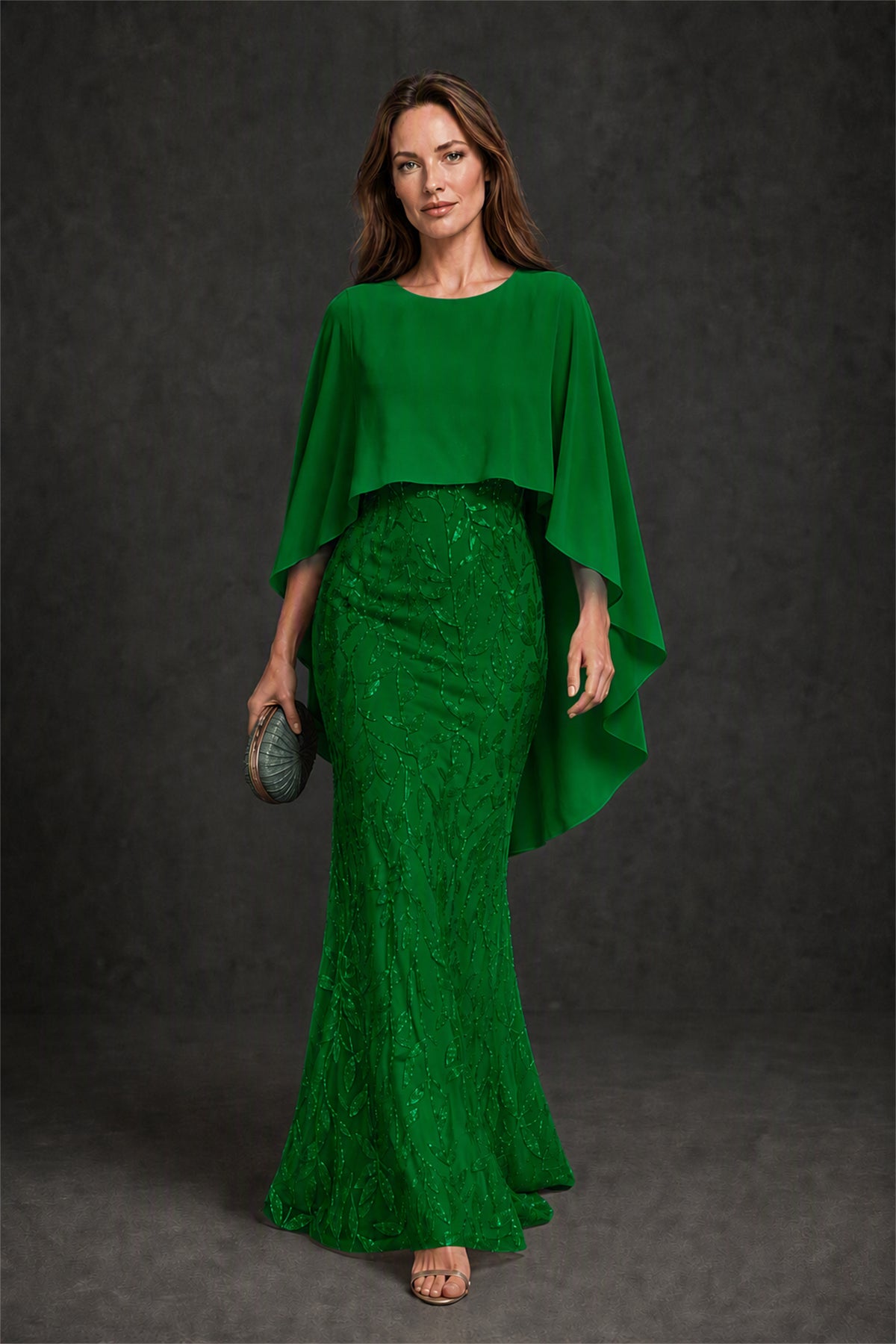 BOLODOO Emerald Green Round Neck Chiffon Cape Overlay Sequin Lace Mermaid Maxi Dress - Emerald Green