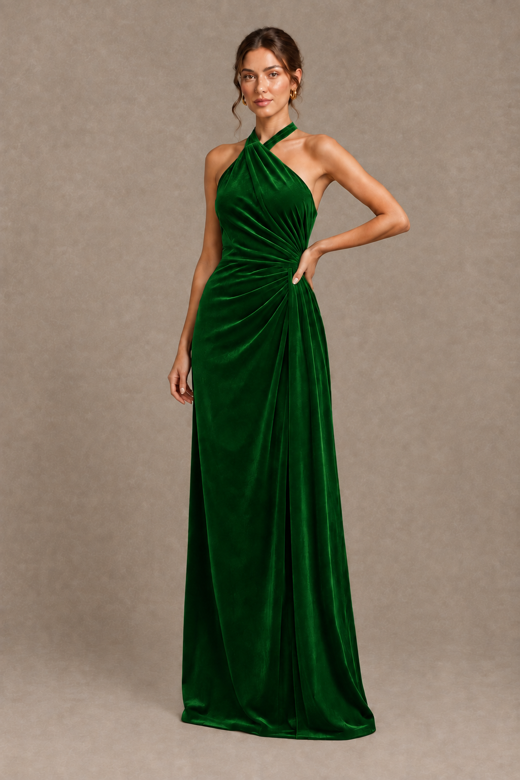 BOLODOO Emerald Green Velvet Halter Neck Open Back Evening Gown - Emerald Green