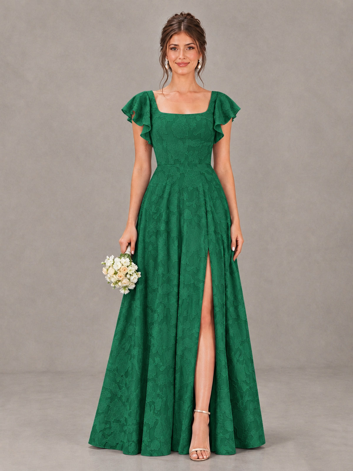 BOLODOO Emerald Green Floral Flutter Sleeve Bridesmaid Dress with Slit - Emerald Green - Emerald Green (1)