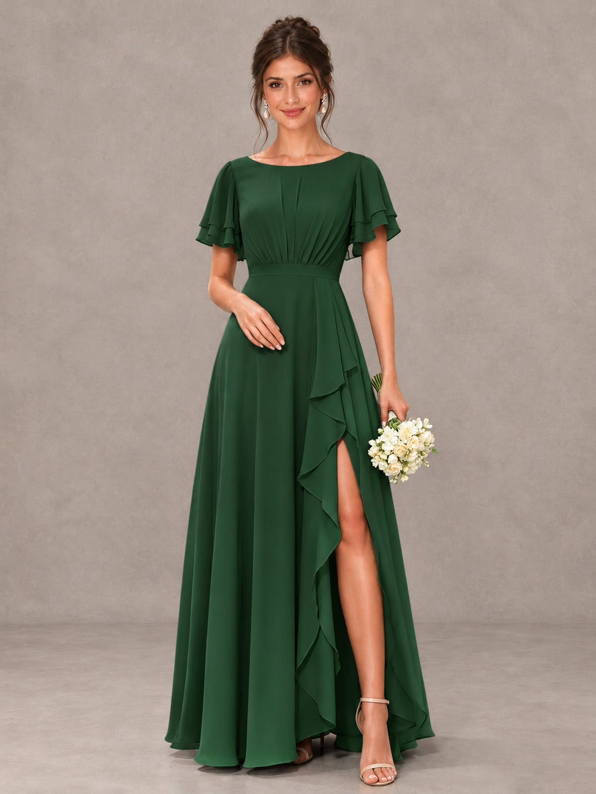 BOLODOO Emerald Green Flutter Sleeve Ruffle Bridesmaid Dress with Slit - Emerald Green - Emerald Green (1)