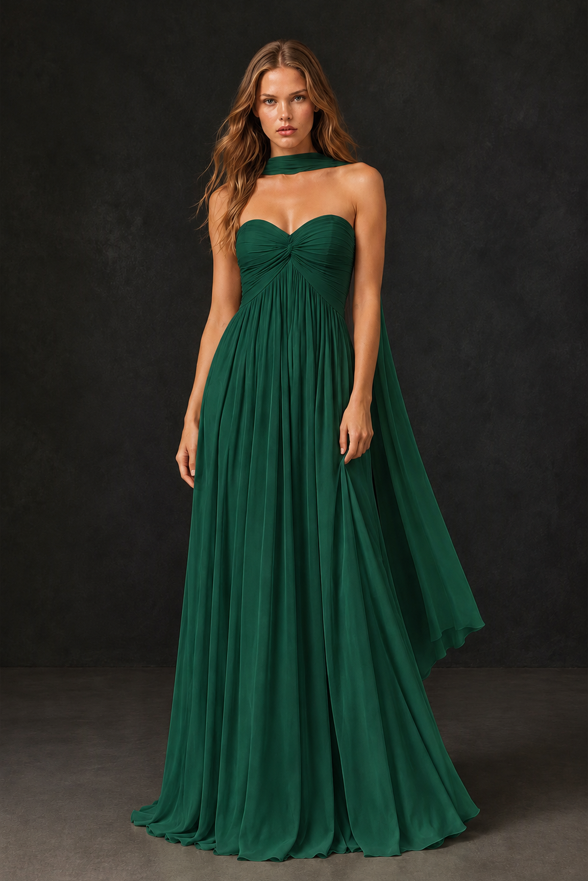 BOLODOO Emerald Green Sweetheart Strapless Twist Knot Detached Halter Scarf Lace-Up Back Empire Waist Chiffon Maxi Dress - Emerald Green
