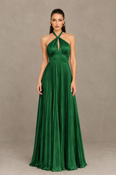 BOLODOO Emerald Green Halter Pleated A-Line Evening Dress - Emerald Green