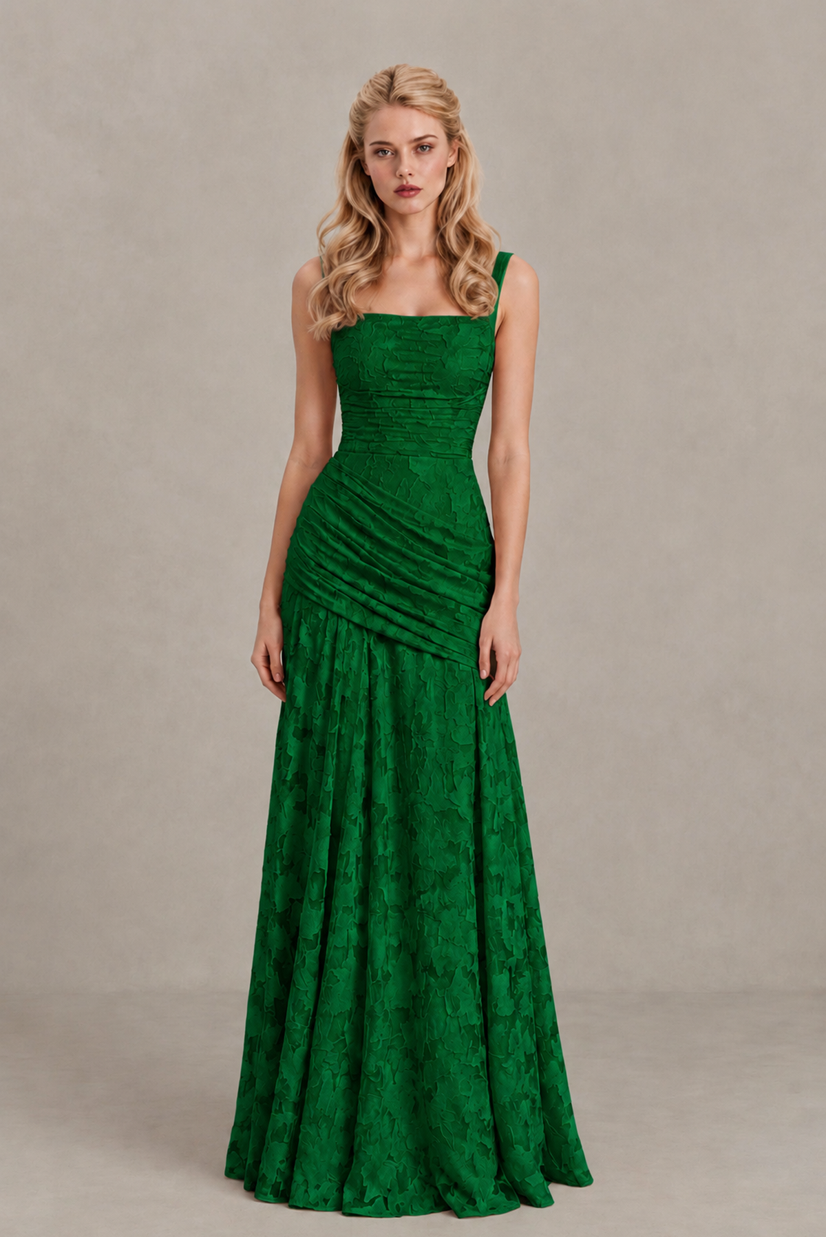 BOLODOO Emerald Green Ruched Floral Maxi Dress with Lace-Up Back - Emerald Green