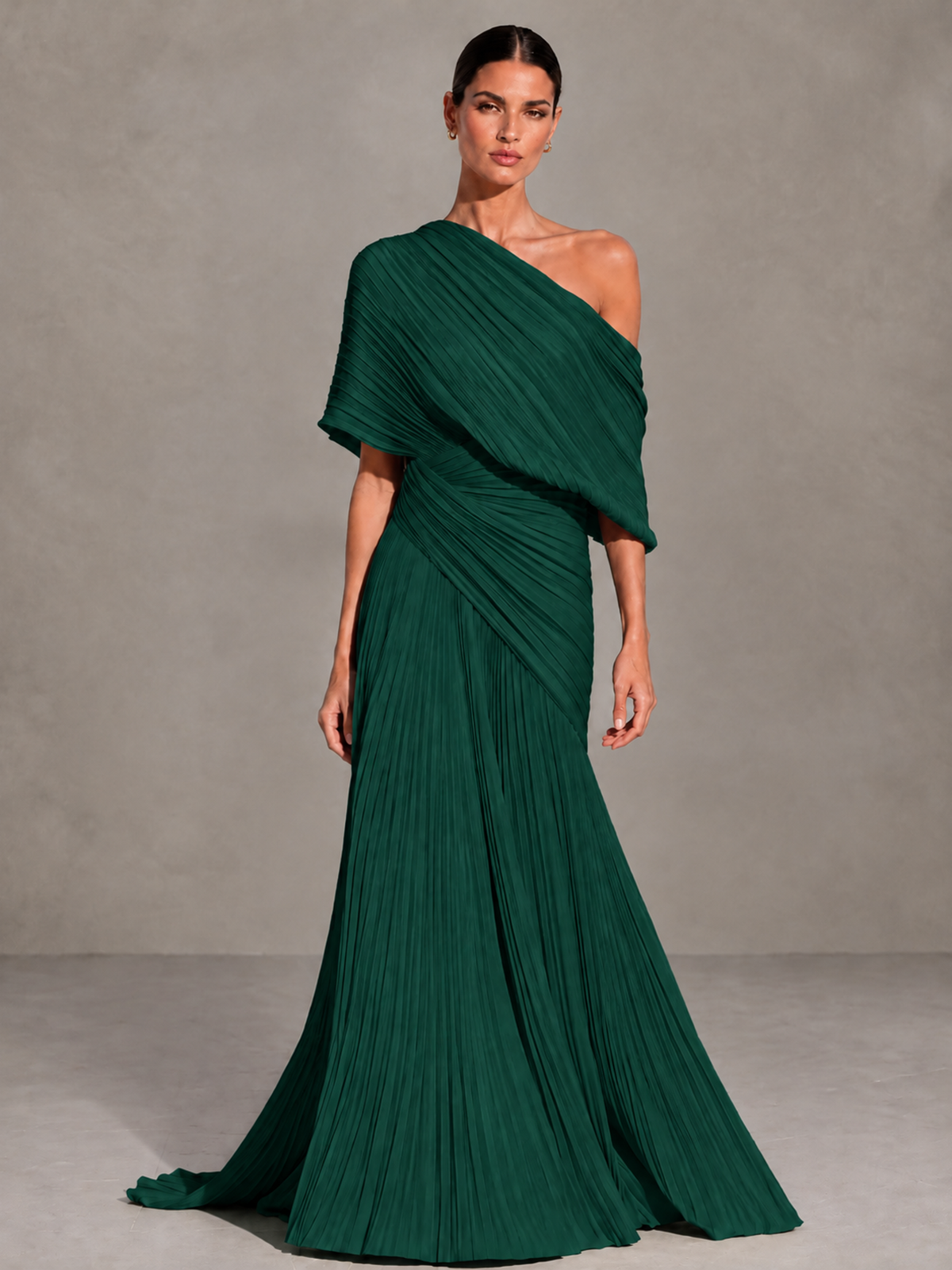 BOLODOO Emerald Green One-Shoulder Pleated Cape Evening Gown with Train - Emerald Green - Emerald Green (1)