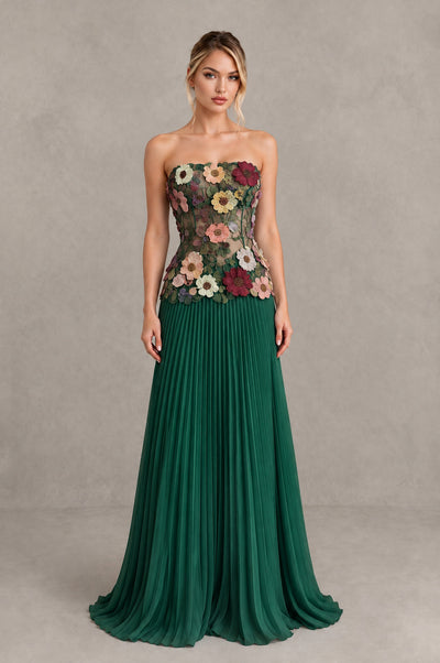 BOLODOO Emerald Green Strapless Floral Applique Pleated Evening Dress - Emerald Green - Emerald Green (1)