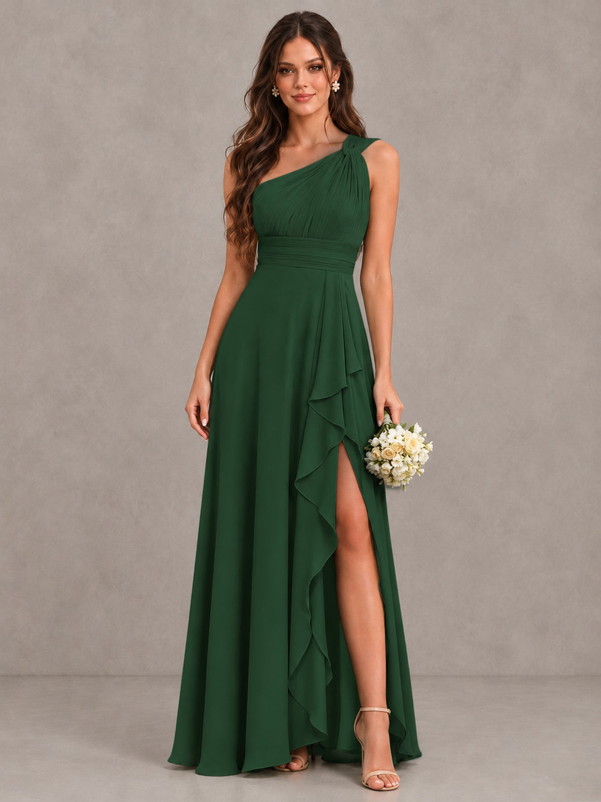 BOLODOO Emerald Green One-Shoulder Ruffle Bridesmaid Dress with Slit - Emerald Green - Emerald Green (1)
