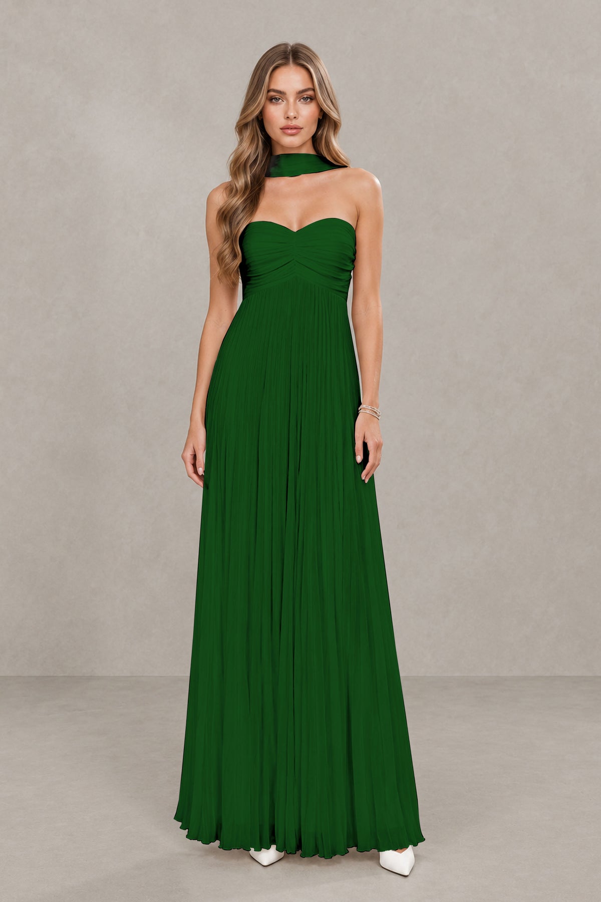 BOLODOO Emerald Green Strapless Chiffon-Look Maxi Dress with Lace-Up Back & Cape - Emerald Green