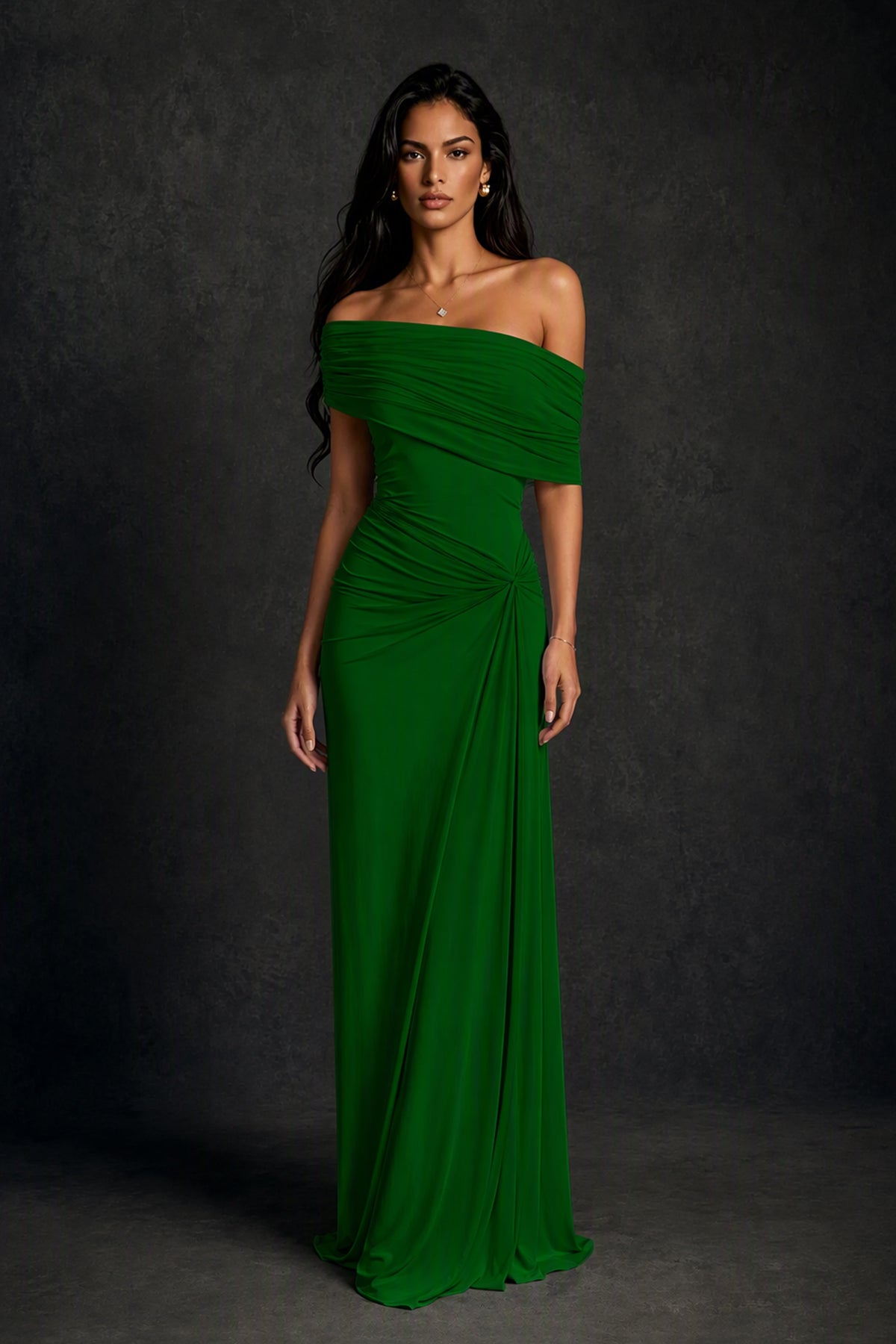 BOLODOO Emerald Green Off-Shoulder Ruched Maxi Dress - Emerald Green
