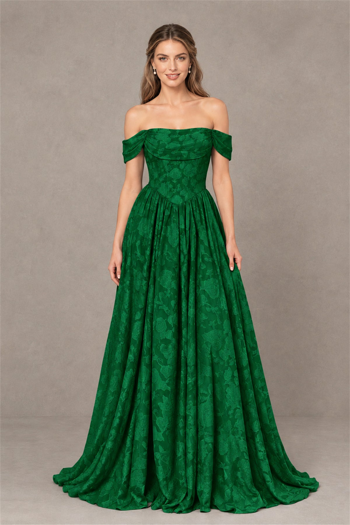 BOLODOO Emerald Green Off-Shoulder Floral A-Line Maxi Dress - Emerald Green