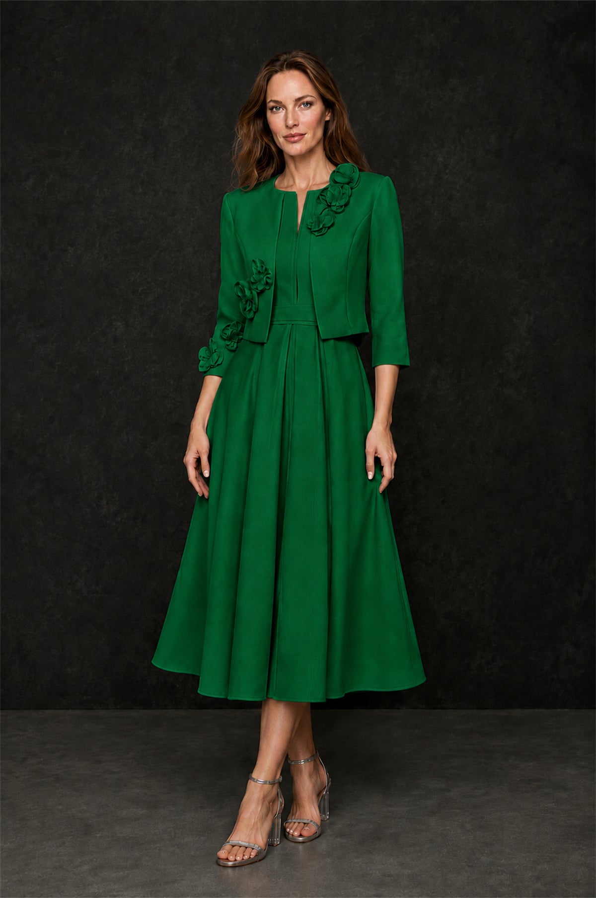 BOLODOO Emerald Green 3D Rosette Appliqué 3/4 Sleeve Jacket & V-Notch Sleeveless A-Line Tea-Length Two-Piece Dress Set - Emerald Green