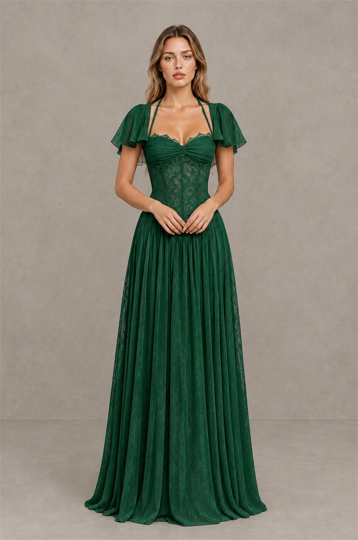 BOLODOO Emerald Green Flutter Sleeve Lace Corset A-Line Maxi Dress - Emerald Green - Emerald Green (1)