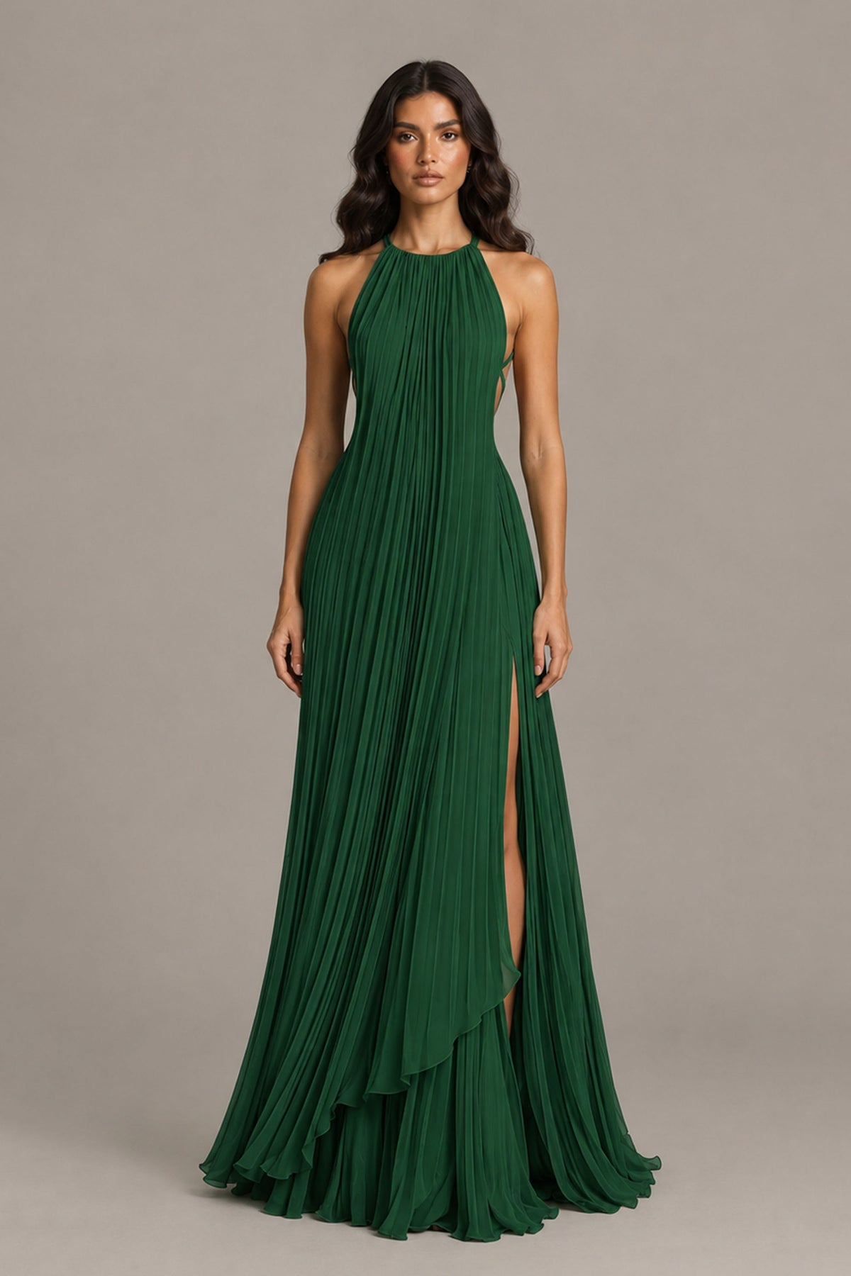 BOLODOO Emerald Green Halter Neck Pleated Chiffon Maxi Dress with Side Slit - Emerald Green